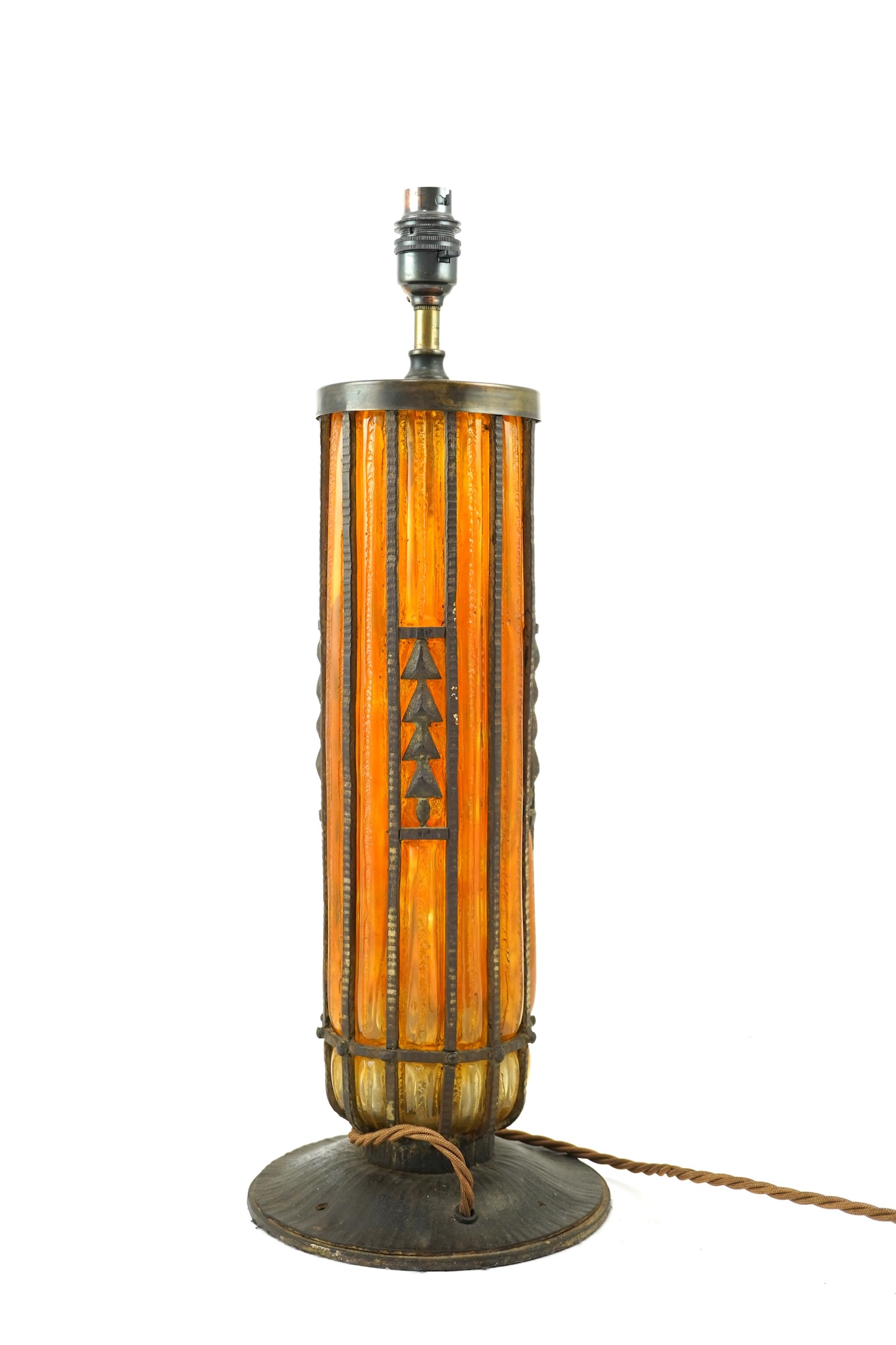 Manner of Daum Frères and Edgar Brandt (French, 1880–1960): A textured glass and cast-iron mounted table lamp